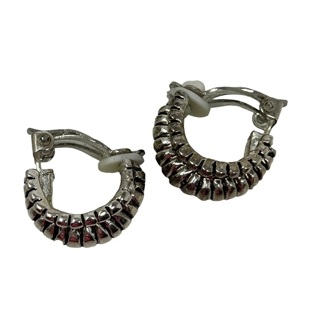 Vintage Clip On‎ Earrings Silver Tone Metal Black Accent Hoops